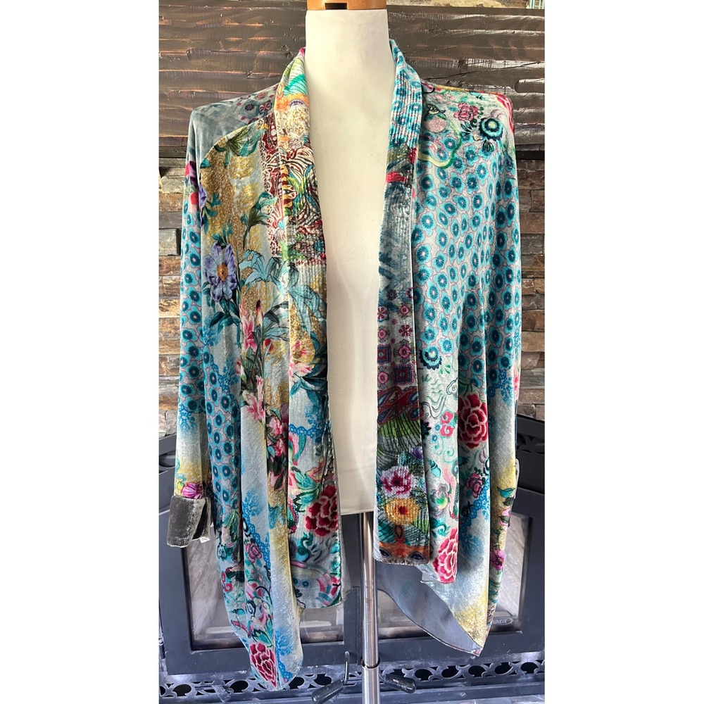 Johnny Was Watercolor Boho Silk Blend Velvety Kimono Cardigan XS